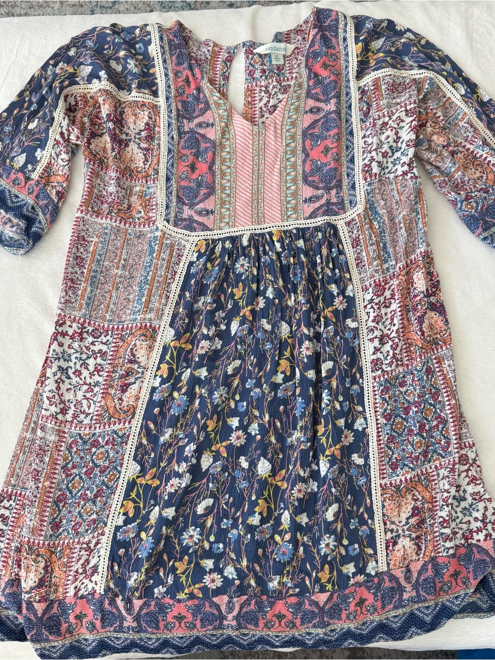 SUNDANCE Blue White and Black Boho Peasant Cottagecore Prairie Midi Dress M E05 - Picture 1 of 5